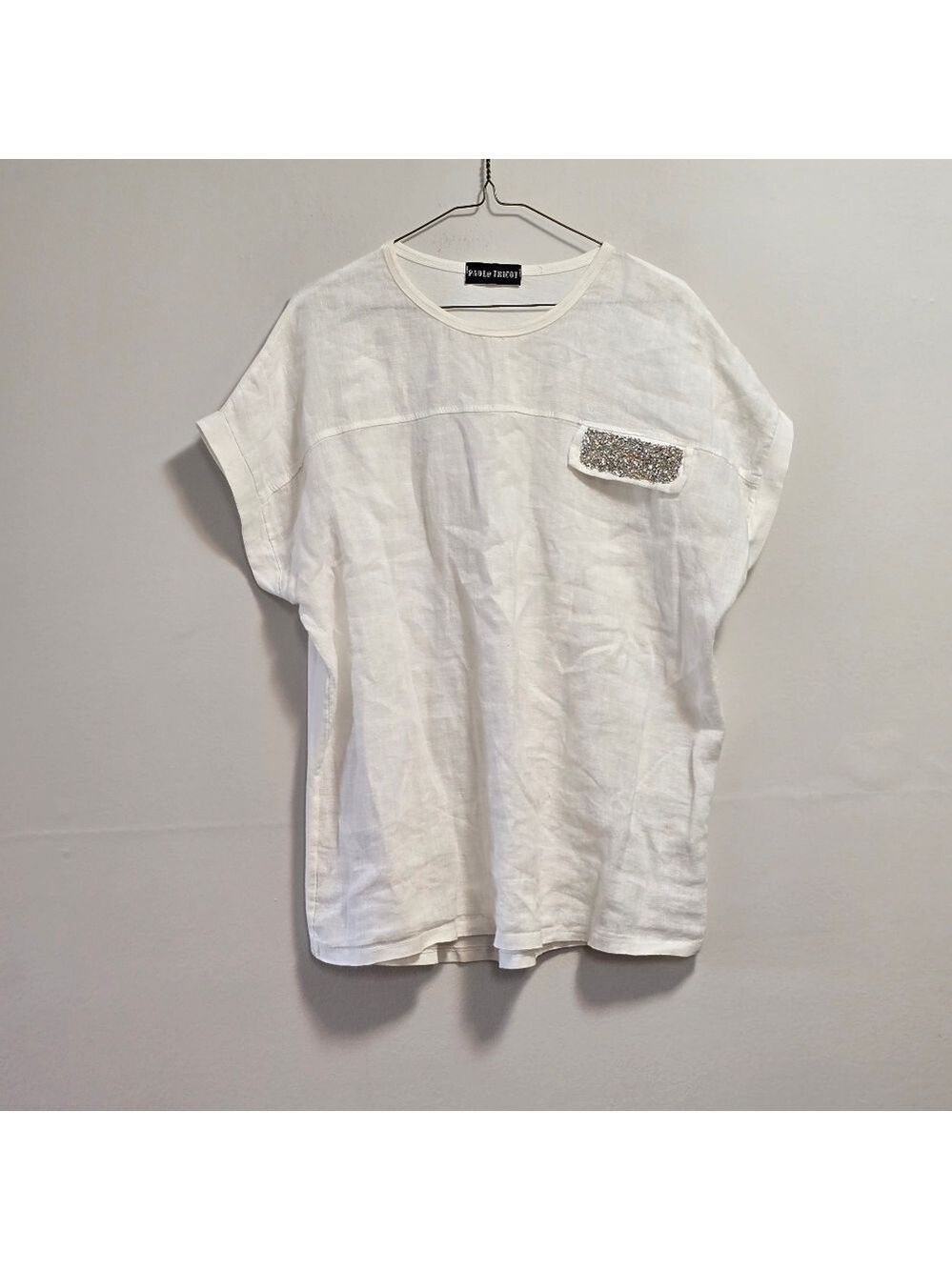 Paolo Tricot White Linen Top with Embellished Pocket S/M